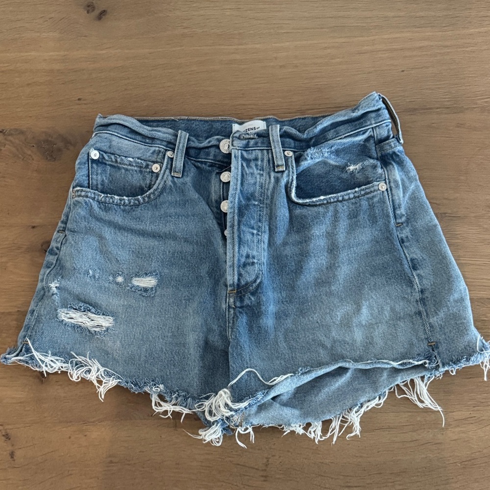 High-Rise Distressed Denim Shorts - Blue